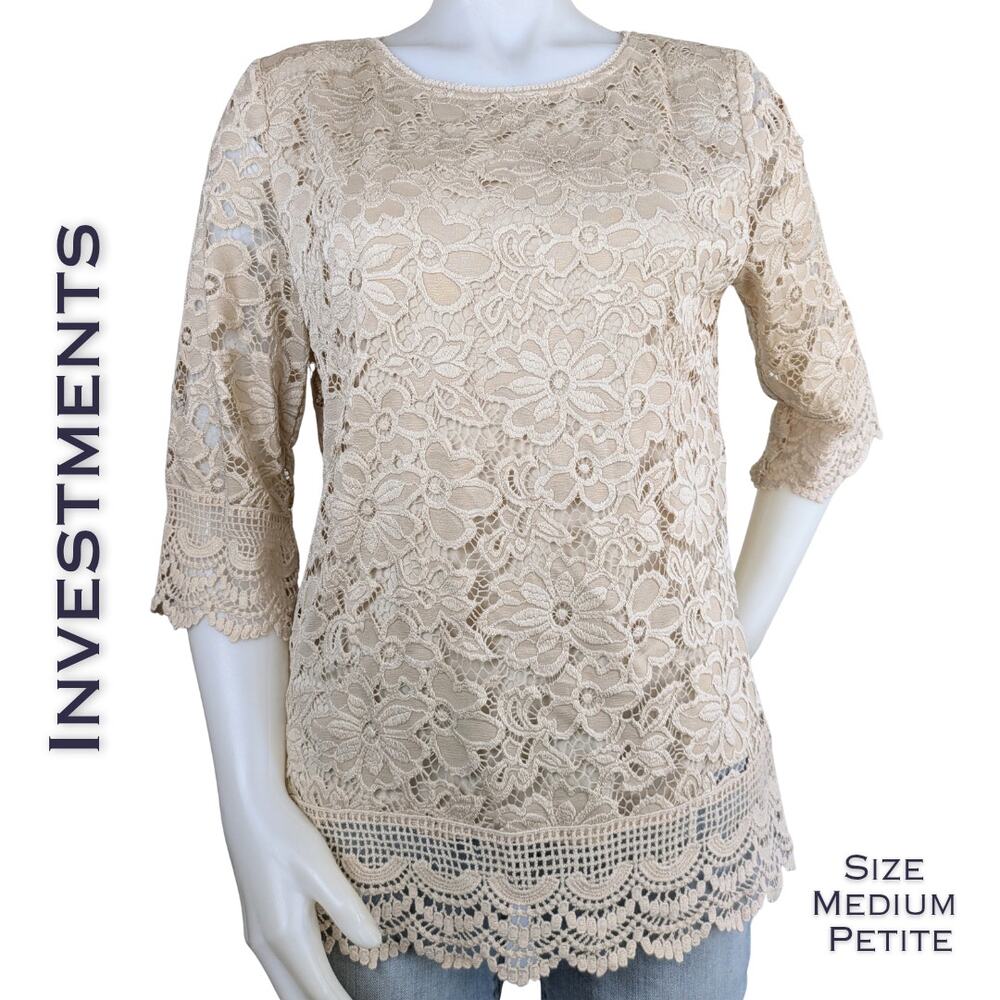 Investments Petite Tunic Top Medium Beige Lace Crochet Overlay Sheer Dressy